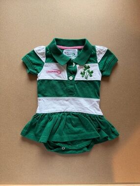 Girls' Green and White Polo Dress Romper with Clover Embroidery